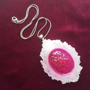 Handmade Resin Pendant Victorian Cameo Necklace Large White Barbie Pink Floral